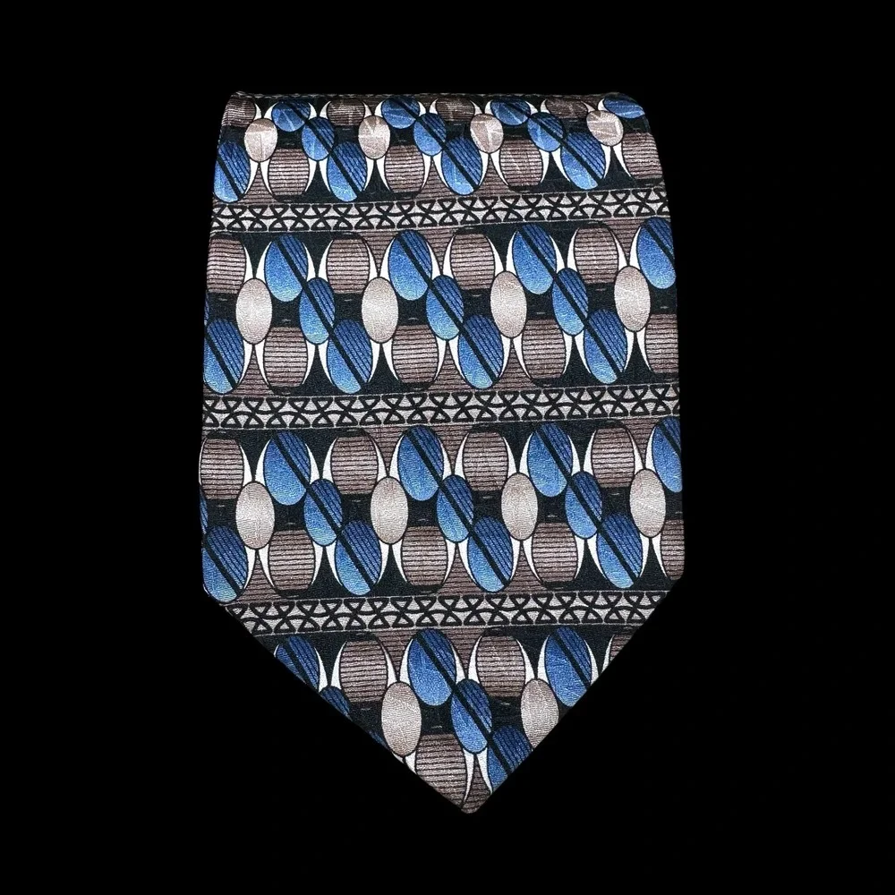Pierre Balmain Couture Mens Silk Tie Blue Brown Geometric Abstract Pattern